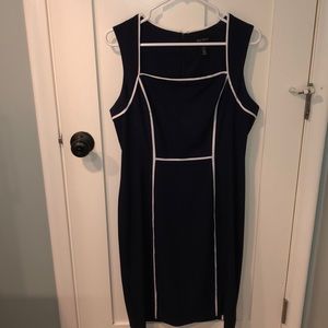 White House Black Market Navy Sheath Dress with White Piping